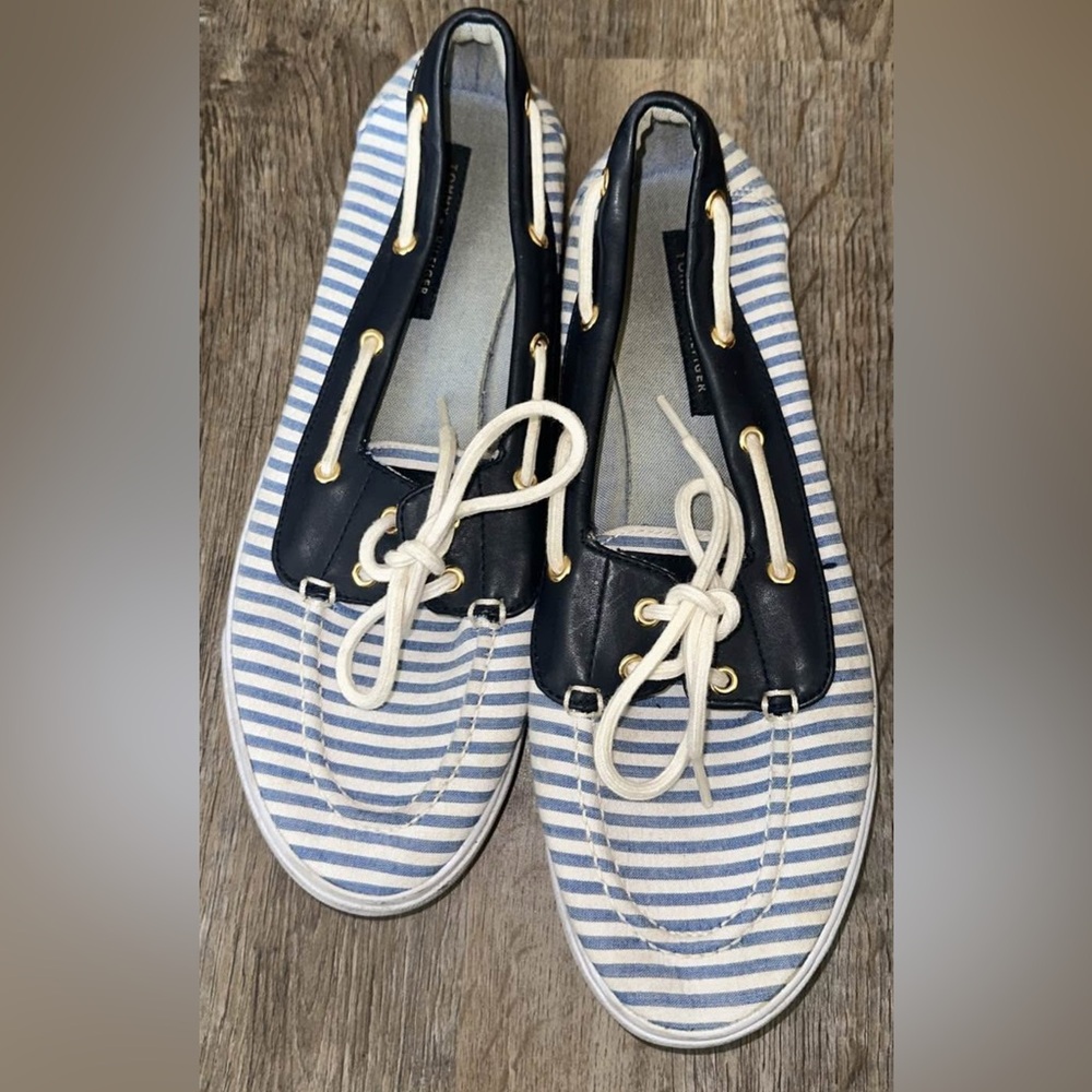 Tommy Hilfiger Blue and White Striped Loafers with Canvas Material